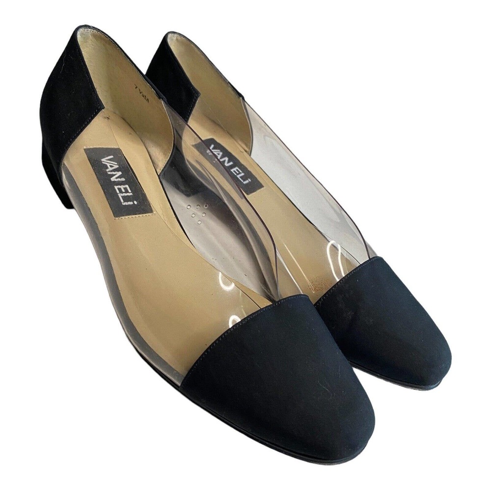 Vintage 80s 90s Vaneli Black Clear Flat Shoes Womens Cap Toe Size 7.5 M